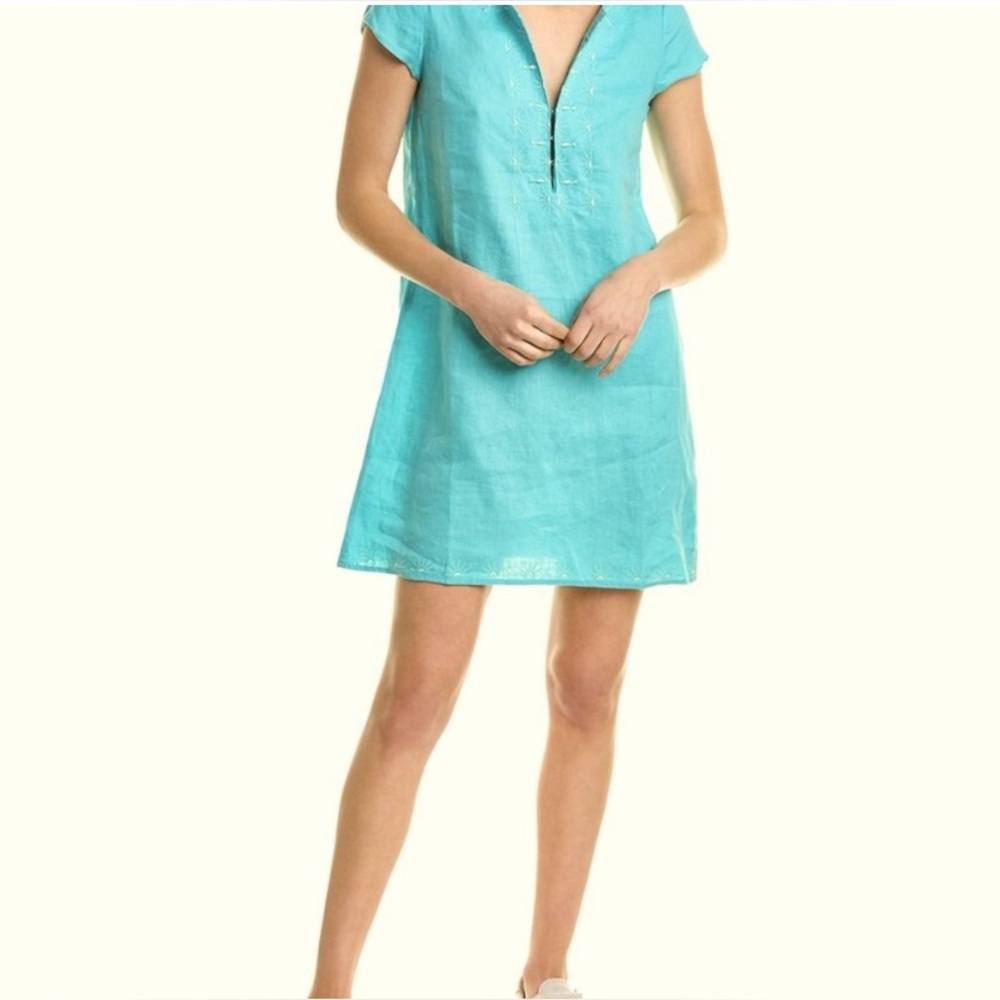 Hiho dress aqua  Short-SleeveCover-Up Dress 100% linen